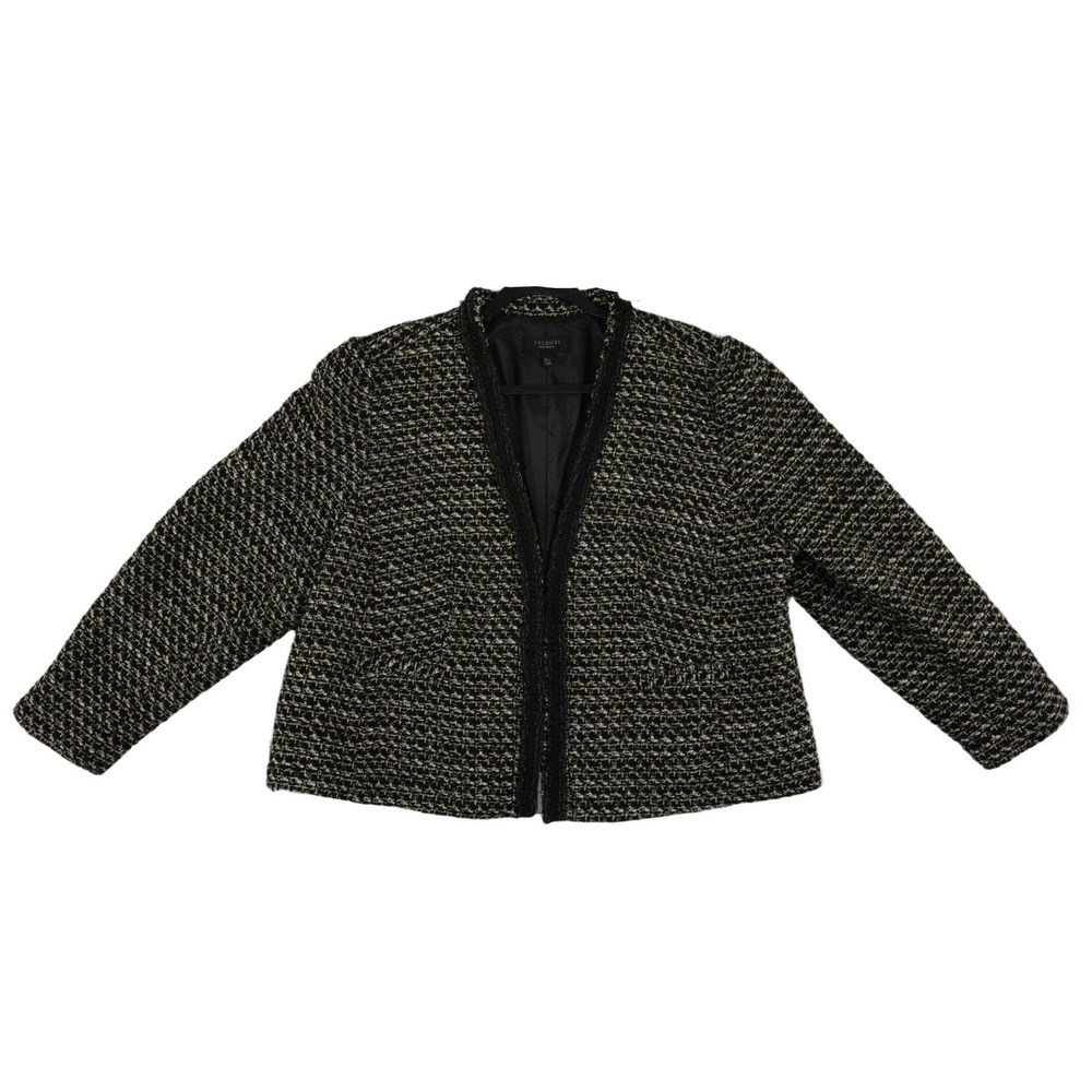 Talbots Blazer Tweed Jacket Blazer Womens Size 20WP Black Gold Wool Blend Fringe